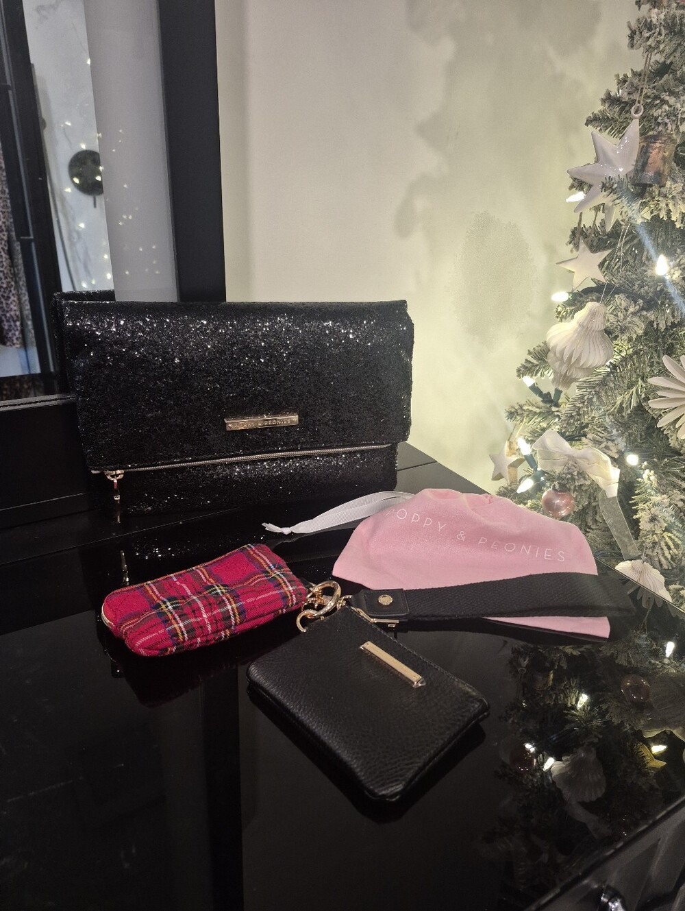 Poppy And Peonies Little Christmas Bundle: Black Glitter Clutch & Coin Purse Set